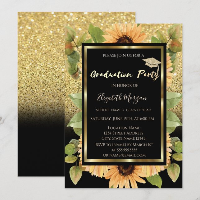 Gold Glitzer Ombre Sonnenblumen Einladung (Vorne/Hinten)