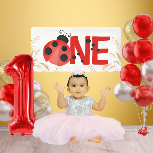 Gold Glitzer ONE Ladybug Birthday Mini Banner