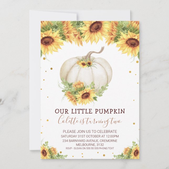 Gold Glitzer One Sunflower Pumpkin Birthday Invita Einladung (Vorderseite)