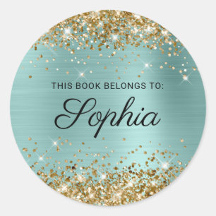 Gold Glitzer Pale Turquoise Calligrafy Book Runder Aufkleber