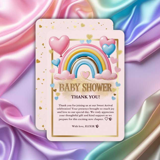Gold Glitzer Pastel Hearts und Rainbow Baby Dusche Dankeskarte (Von Creator hochgeladen)