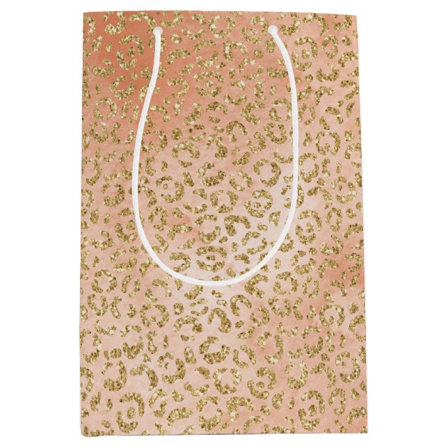 Gold Glitzer Peach Rose Leopard Print Mittlere Geschenktüte (Vorderseite)