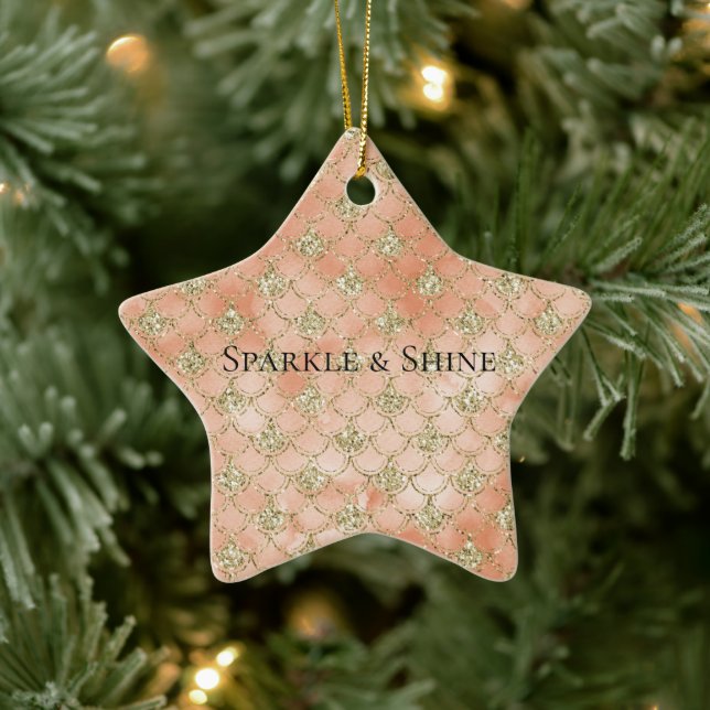 Gold Glitzer Peach Rose Mermaid Keramik Ornament (Baum)