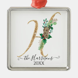 Gold Glitzer Pine Cone Holly Christmas Monogram H Ornament Aus Metall