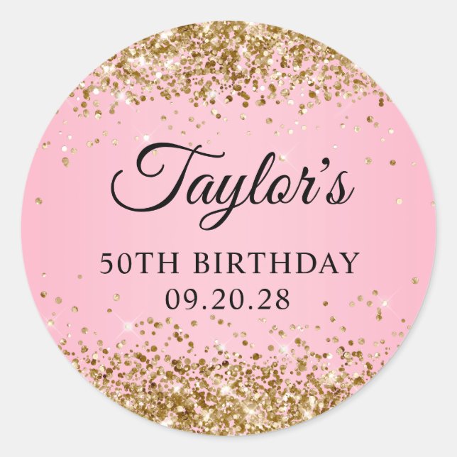 Gold Glitzer Pink 50. Geburtstag Runder Aufkleber (Vorderseite)