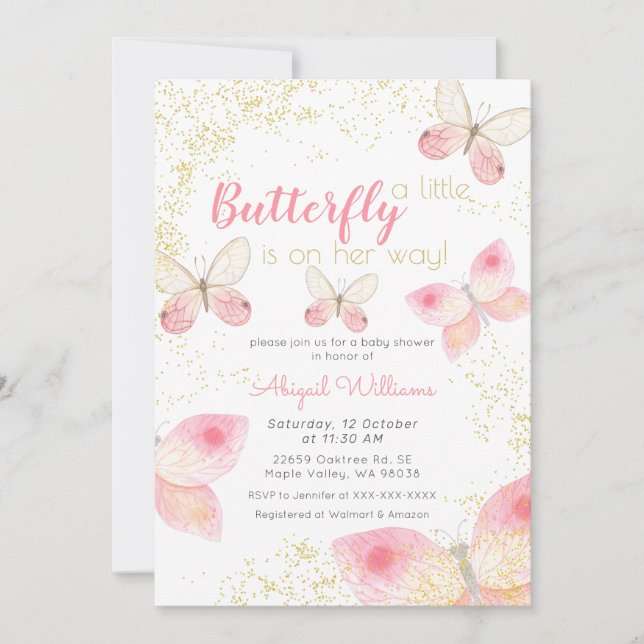 Gold Glitzer Pink Butterflies Girl Baby Dusche Einladung (Vorderseite)