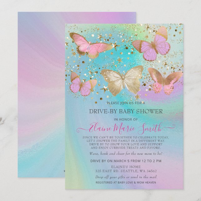 Gold Glitzer Pink Butterfly Drive by Baby Shooter Einladung (Vorne/Hinten)