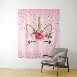 Gold Glitzer & Pink Floral Einhorn Gesicht Trendy Wandteppich