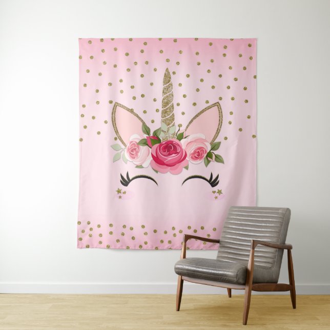 Gold Glitzer & Pink Floral Einhorn Gesicht Trendy Wandteppich (Beispiel)