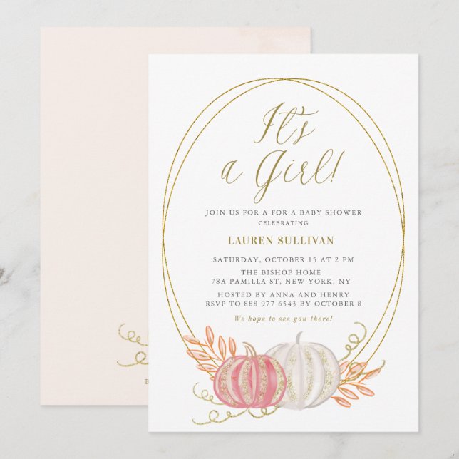 Gold Glitzer Pink Pumpkins Es ist eine Girl Baby D Einladung (Vorne/Hinten)
