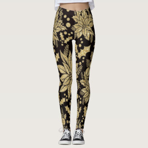 Gold Glitzer Poinsetta Blume Holiday Leggings