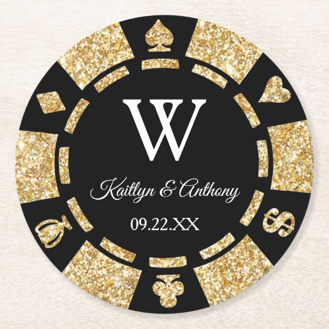 Gold Glitzer Poker Chip Casino Hochzeit Runder Pappuntersetzer (Vorderseite)