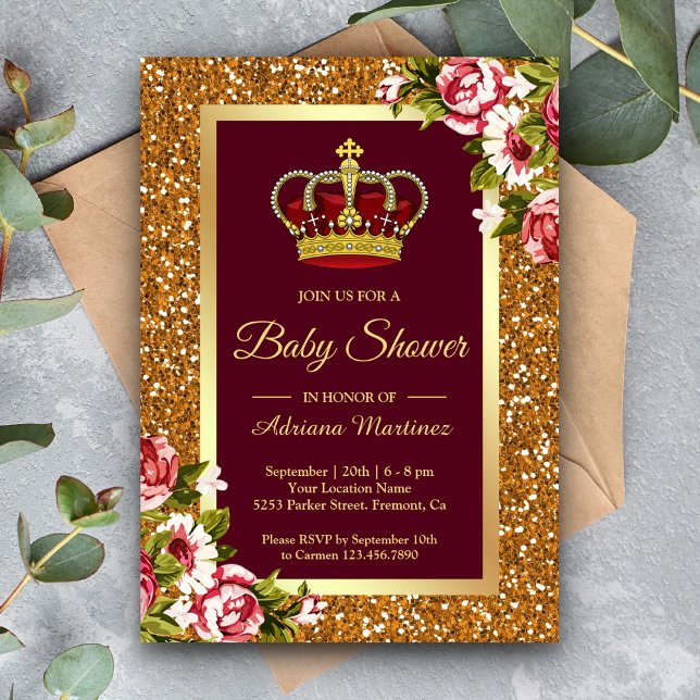 Gold Glitzer Princess Burgundy Bloral Baby Dusche Einladung (Von Creator hochgeladen)