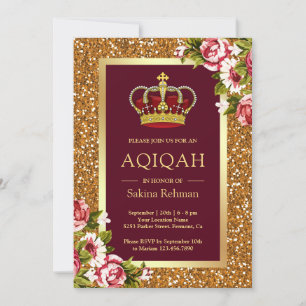 Gold Glitzer Princess Burgundy Floral Aqiqah Einladung