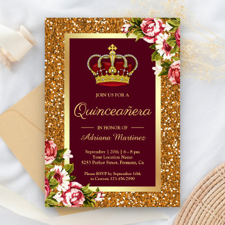 Gold Glitzer Princess Burgundy Floral Quinceanera Einladung