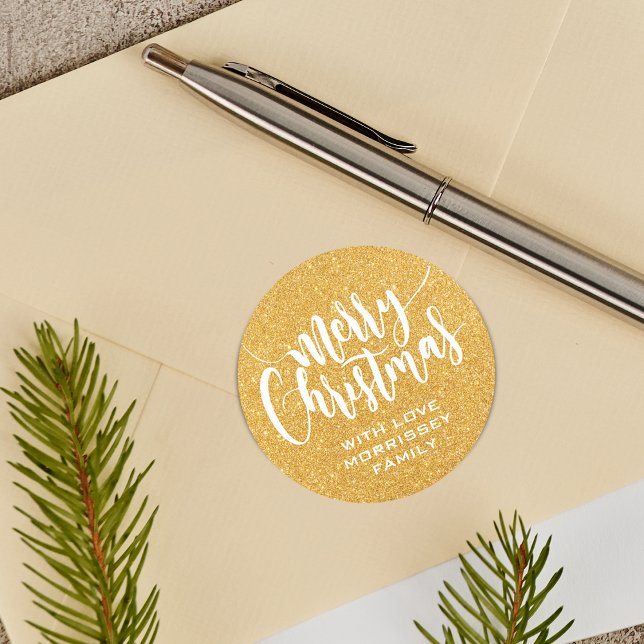 Gold Glitzer Print Frohe Weihnachten Personalisier Runder Aufkleber (Gold Glitter Print Merry Christmas Personalized Classic Round Sticker)
