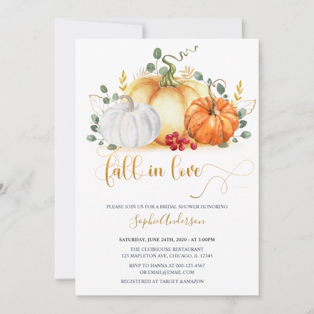Gold Glitzer Pumpkin Fall in Liebe Brautparty Einladung (Vorderseite)