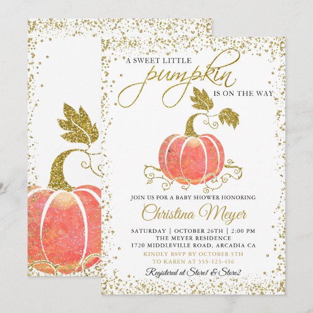 Gold Glitzer Pumpkin Gender Neutral Baby Dusche Einladung (Vorne/Hinten)