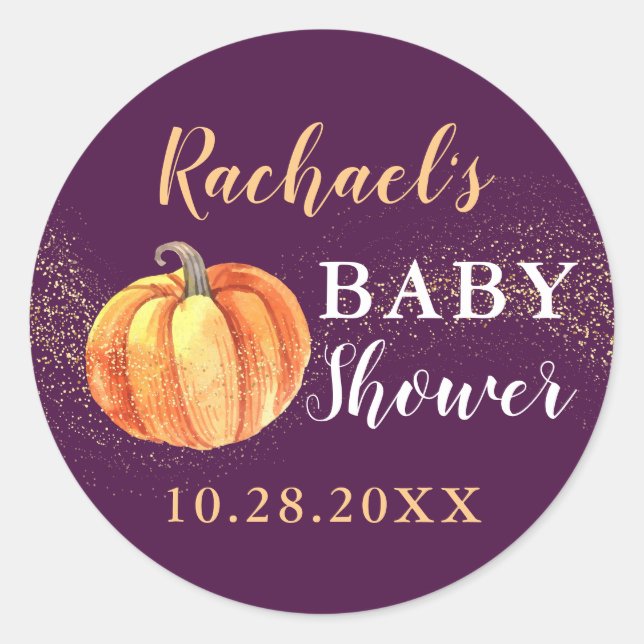 Gold Glitzer Pumpkin Lila Baby Dusche Runder Aufkleber (Vorderseite)