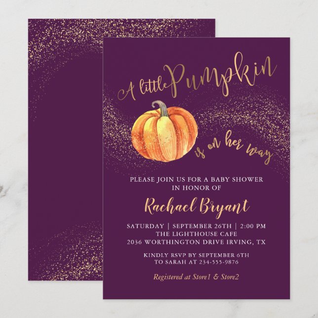 Gold Glitzer Pumpkin Lila Girl Baby Dusche Einladung (Vorne/Hinten)