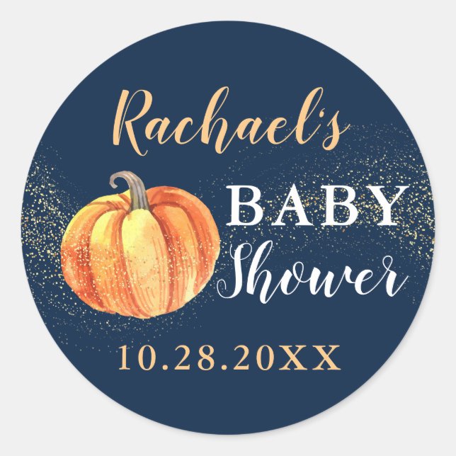 Gold Glitzer Pumpkin Navy Blue Baby Dusche Runder Aufkleber (Vorderseite)