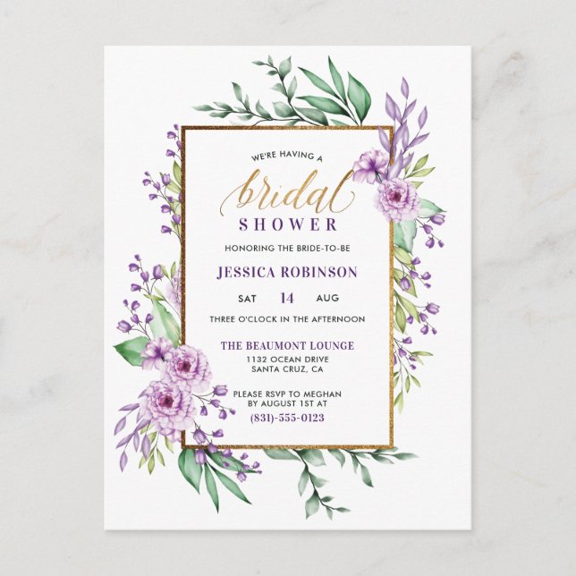 Gold Glitzer Purple Flowers Script-Brautparty Einladungspostkarte (Vorderseite)