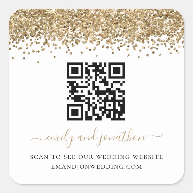 Gold Glitzer QR Code Wedding Website Quadratischer Aufkleber (Vorderseite)