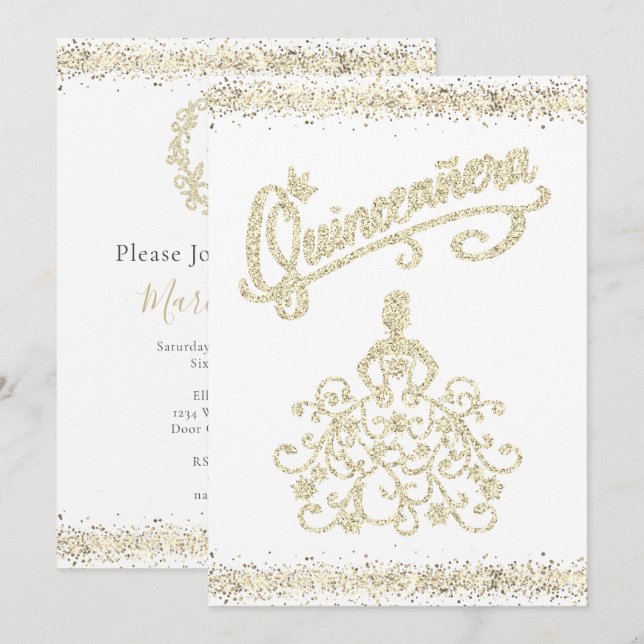 Gold Glitzer Quinceañera 15 Einladung (Vorne/Hinten)