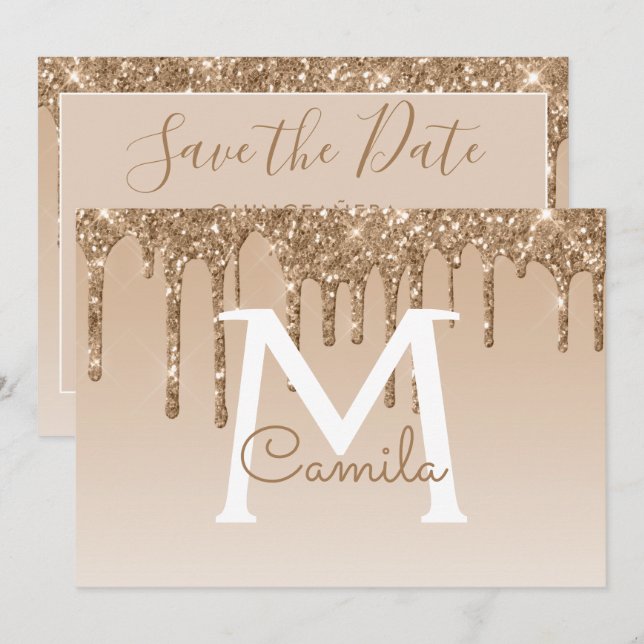 Gold Glitzer Quinceanera Save the Date Einladung (Vorne/Hinten)