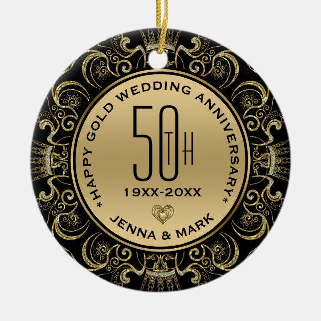Gold Glitzer Rahmen 50 Jahre Hochzeit Keramik Ornament (Vorne)