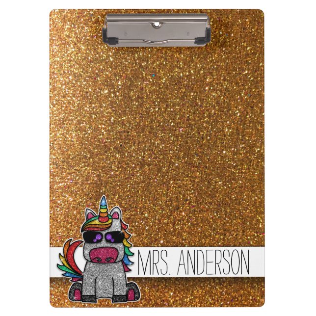 Gold Glitzer Rainbow Unicorn Lehrer im Klassenzimm Klemmbrett (Vorderseite)