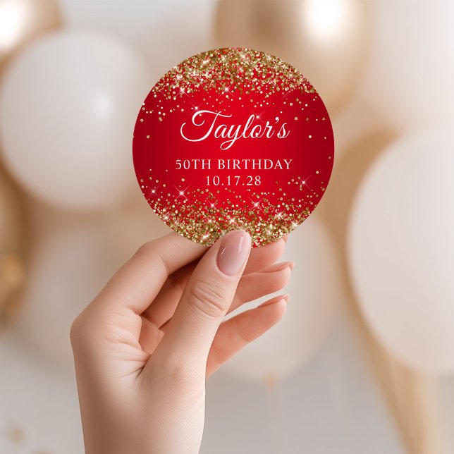 Gold Glitzer Red 50. Geburtstag Runder Aufkleber (Gold Glitter Red 50th Birthday Classic Round Sticker)