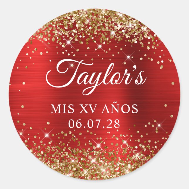 Gold Glitzer Red Foil Mis XV Anos Birthday Runder Aufkleber (Vorderseite)
