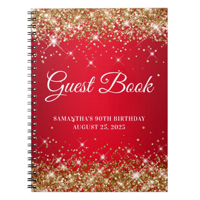 Gold Glitzer Red Ombre 90th Birthday Gästebuch Notizblock (Vorderseite)