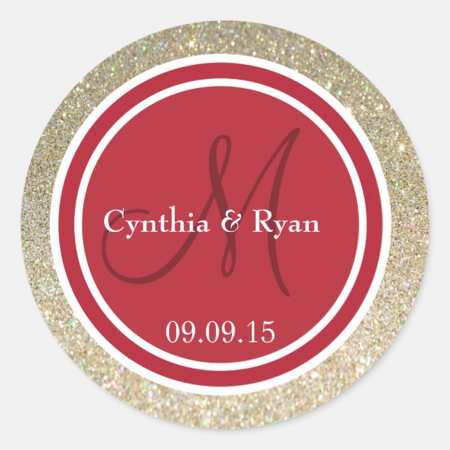 Gold Glitzer & Red Wedding Monogram Runder Aufkleber (Vorderseite)