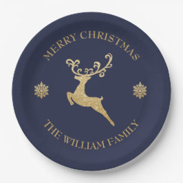 Gold Glitzer Reindeer Frohe Weihnachts-Party Navy Pappteller