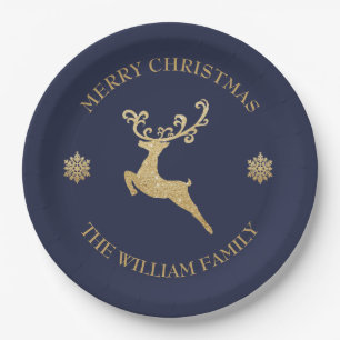 Gold Glitzer Reindeer Frohe Weihnachts-Party Navy Pappteller