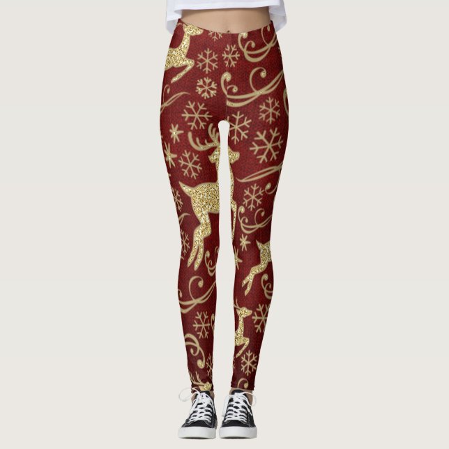 Gold Glitzer Reindeer Holiday Leggings (Vorderseite)