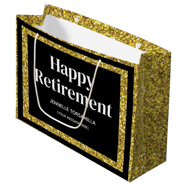 Gold Glitzer Retirement Party Große Geschenktüte (Vorderseite Schrägansicht)