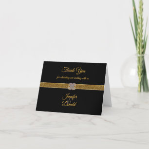 Gold Glitzer Ribbon Diamond Brooch & Black Wedding Dankeskarte