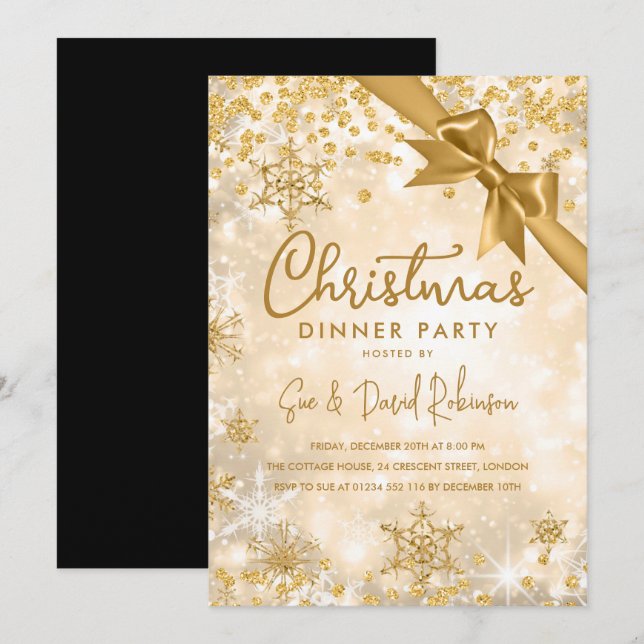 Gold Glitzer Ribbon Xmas Winterurlaub Einladung (Vorne/Hinten)