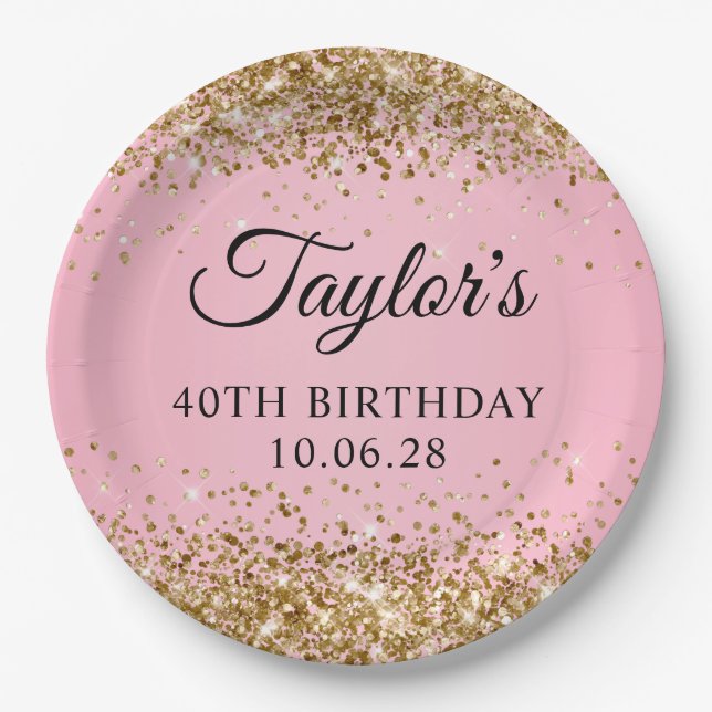 Gold Glitzer Rosa 40. Geburtstag Pappteller (Vorderseite)