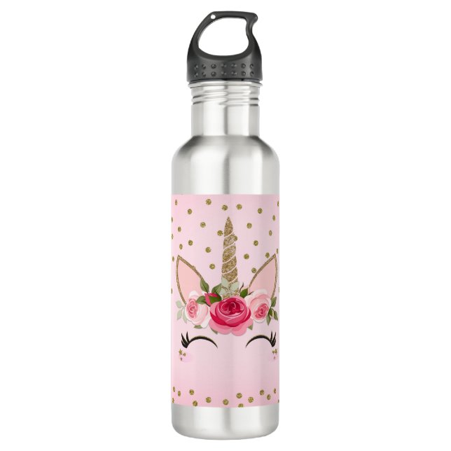 Gold Glitzer & Rosa Blüteneinfassung Trendy Edelstahlflasche (Vorderseite)