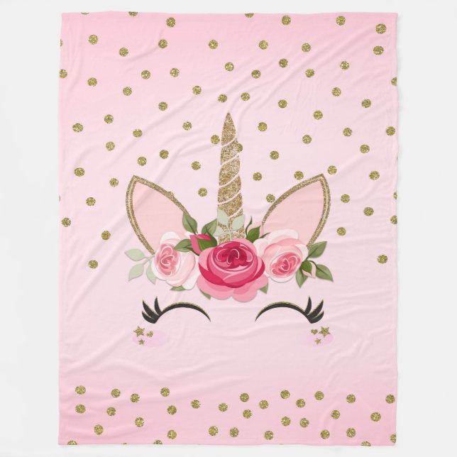 Gold Glitzer & Rosa Blüteneinfassung Trendy Fleecedecke (Vorderseite)