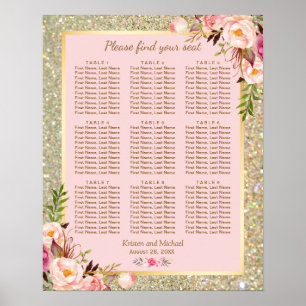 Gold Glitzer Rosa Flora 9 Tische Sitzkarte Poster
