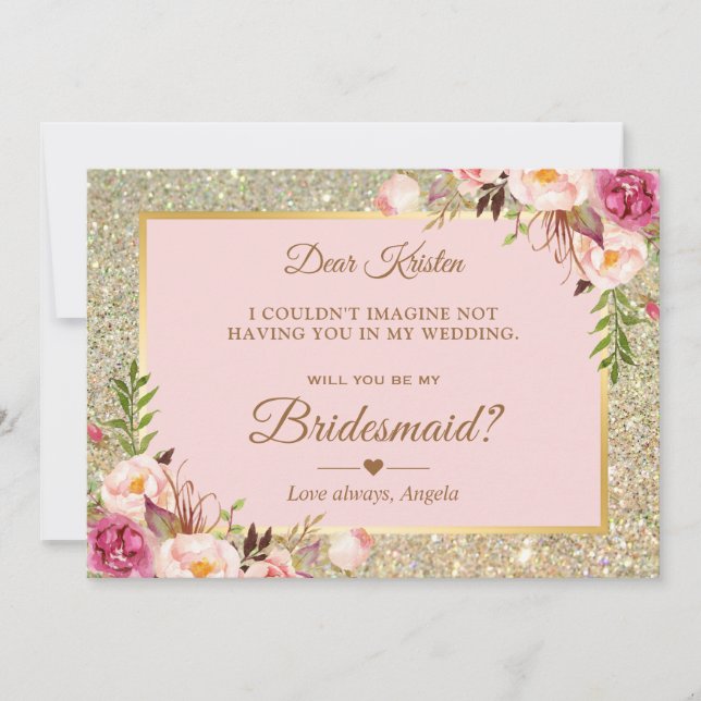 Gold Glitzer Rosa Floral werden Sie meine Bridgedi Einladung (Vorderseite)