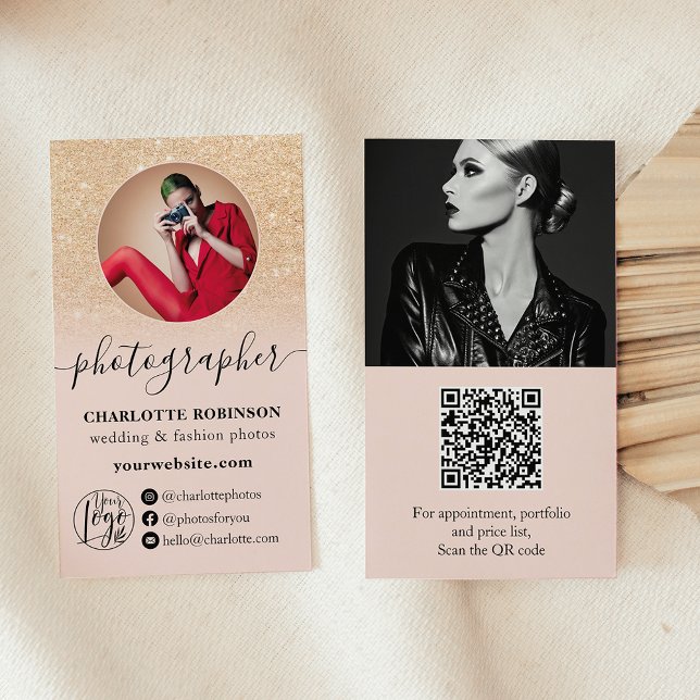 Gold Glitzer Rosa Foto qr Code Logo-Fotograf Visitenkarte (Gold glitter pink photo qr code logo photographer business card)