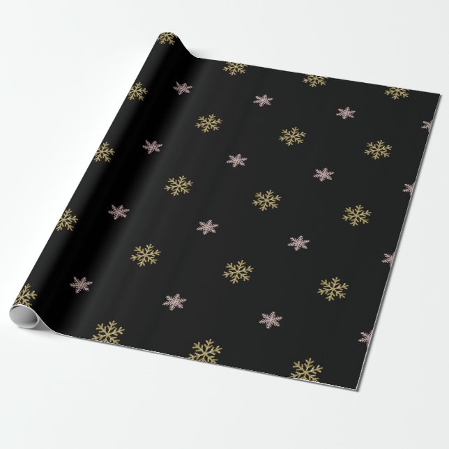 Gold Glitzer & rosa Schneeflocken, schwarz Weihnac Geschenkpapier (Ungerollt)