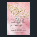 Gold Glitzer Rosa Seidenmasquerade Sweet 16 Einladung<br><div class="desc">Diese hübsche und mädchenhafte 16 . Geburtstag Geburtstagsfeier ist perfekt für das trendige und stilvolle Girl. Es zeigt Imitate gedruckt funkelnd Gold Glitzer Konfetti und Masken auf einer Prinzessin rosa und berry rosa Seide ombre Farbverlauf Hintergrund. Es ist modern, glamourös, chic, einzigartig und cool, das perfekte Design für Ihren besonderen...</div>