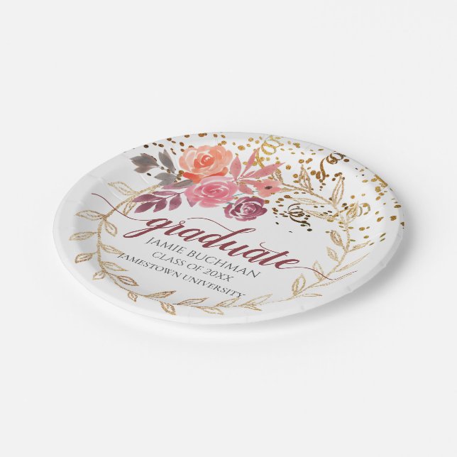 Gold Glitzer Rosa und Marsala Blumengrad Party Pappteller (Schrägansicht)